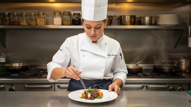 Une chef cuisinière est en train de préparer un repas dans une cuisine de restaurant, entourée de divers ingrédients et ustensiles. Son poste de travail est organisé, reflétant son savoir-faire et son attention aux détails dans la création de plats de qualité.