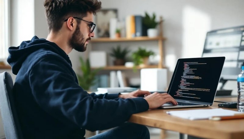 Une personne assise devant un ordinateur portable, participant à un cours de formation en ligne, avec une interface de codage visible à l'écran. Cette image illustre l'acquisition de compétences informatiques essentielles pour le développement web et la gestion de projet.