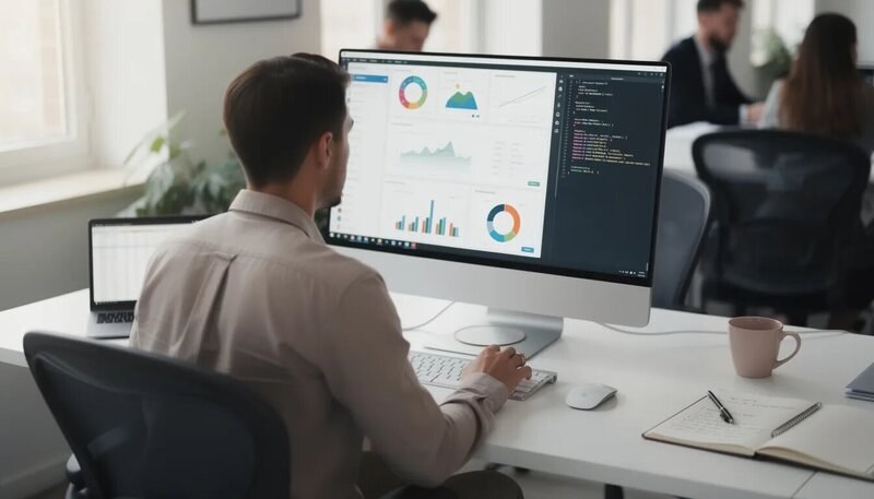 Un data analyst est assis à son bureau, entouré d'ordinateurs et de graphiques, en train d'analyser des données pour prendre des décisions éclairées. Sur son écran, on peut voir des visualisations de données et des modèles d'analyse, illustrant son rôle essentiel dans le domaine de la data science.