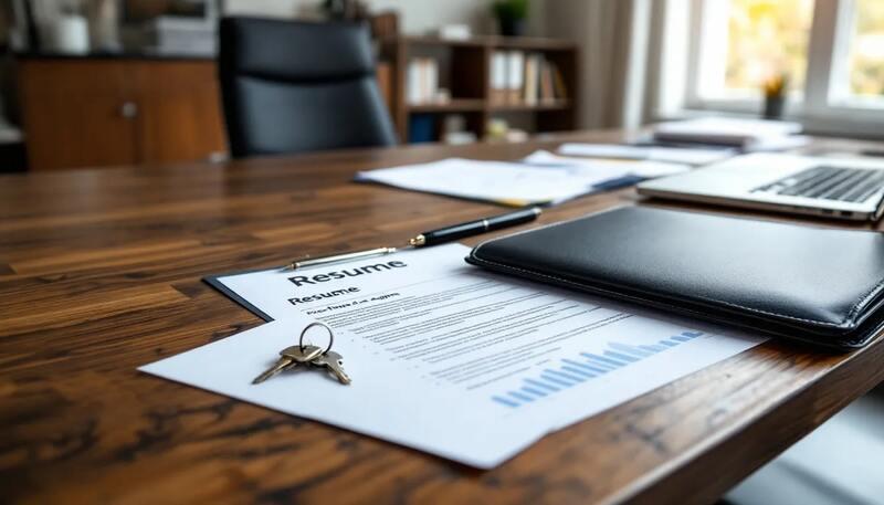 Un CV professionnel d'agent immobilier est posé sur un bureau, accompagné de clés de maison, illustrant le métier d'agent immobilier et ses compétences en gestion de biens. Ce document met en avant l'expérience et les qualifications nécessaires pour évoluer dans le secteur de l'immobilier.