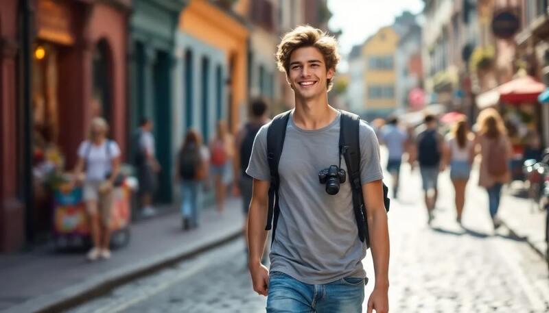 L'image montre un étudiant en voyage, souriant, avec un sac à dos sur le dos, découvrant une nouvelle ville. Il semble enthousiaste, profitant de ses études et de ses centres d'intérêt tout en explorant le monde.