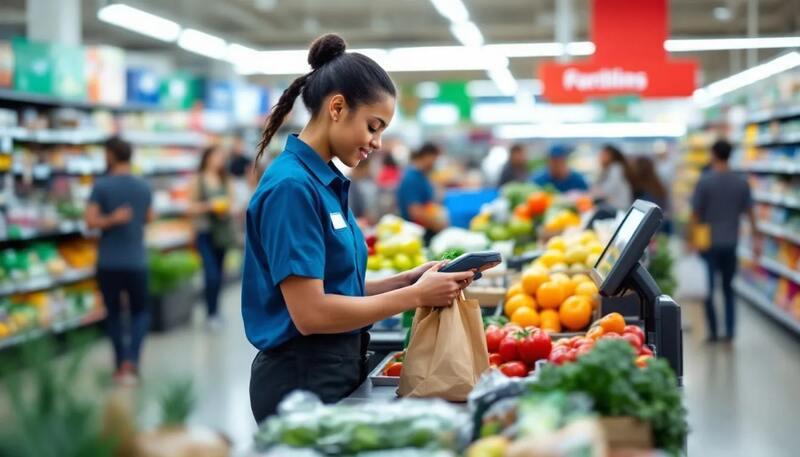 Un caissier dans un supermarché scanne des articles avec un lecteur de codes-barres, tout en interagissant avec des clients. L'environnement est typique de la grande distribution, avec des rayons bien achalandés en arrière-plan.