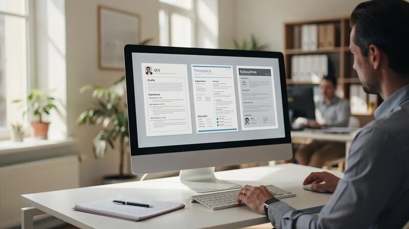 Un professionnel examine plusieurs modèles de CV sur l'écran d'un ordinateur dans un espace de travail moderne et lumineux, mettant en avant des compétences essentielles pour le métier de community manager. Des éléments comme des QR codes et des mises en page variées sont visibles, reflétant l'importance de la stratégie de communication dans la gestion des réseaux sociaux.
