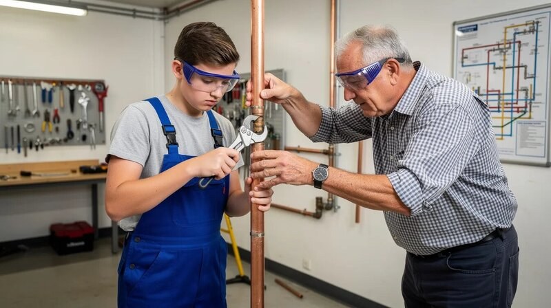 L'image montre un élève en formation de plomberie, attentif aux instructions de son formateur, dans un atelier équipé de tuyaux et d'outils de plomberie. Cette scène illustre l'apprentissage des compétences techniques nécessaires pour devenir plombier, mettant en avant l'importance de la formation dans le secteur de la plomberie.