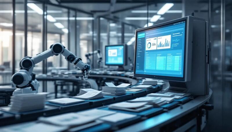 Un système informatique de tri automatisé est en train d'analyser des CV, mettant en avant des compétences et expériences pertinentes pour des postes dans le secteur bancaire, tels que chargé d'affaires ou conseiller en gestion de patrimoine. L'outil utilise des mots clés pour évaluer la qualité des candidatures et optimiser la sélection des recruteurs.