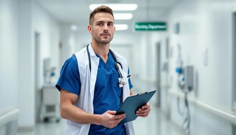 Un étudiant en soins infirmiers, vêtu d'un uniforme bleu, consulte un livre sur la santé publique dans une salle de classe. Il se concentre sur ses études, mettant en avant son engagement pour le métier d'infirmier et sa préparation à la prise en charge des patients.
