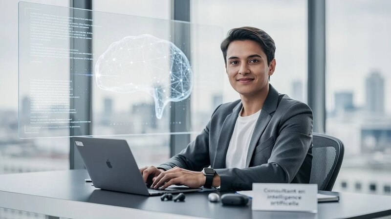 L'image montre un consultant en intelligence artificielle, assis à un bureau moderne à Paris, en train de travailler sur un projet. On peut apercevoir des documents de mise à jour de CV de consultant et des ressources humaines éparpillés autour de lui, illustrant son expertise dans le domaine du conseil et de la gestion de projets.