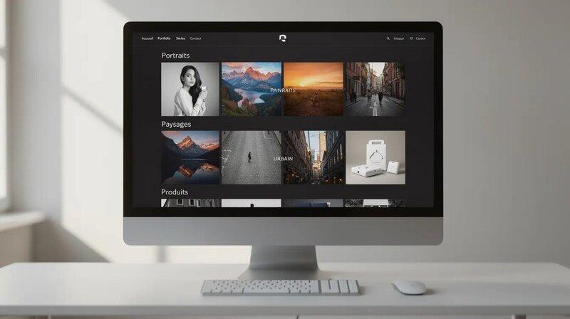L'image montre un écran d'ordinateur affichant une galerie photo professionnelle, présentant différentes séries de photographies. On y voit des portraits et des prises de vue variées, illustrant le savoir-faire d'un photographe, avec une mise en page soignée et des exemples de travaux pour attirer des clients potentiels.