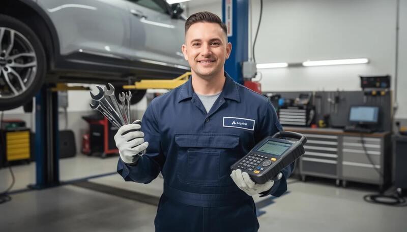 Un mécanicien souriant, vêtu d'une combinaison de travail propre, tient des clés et des outils de diagnostic dans un garage. Cette image illustre le savoir-faire et les compétences techniques nécessaires dans le métier de mécanicien automobile, essentiel pour la maintenance et la réparation des véhicules.