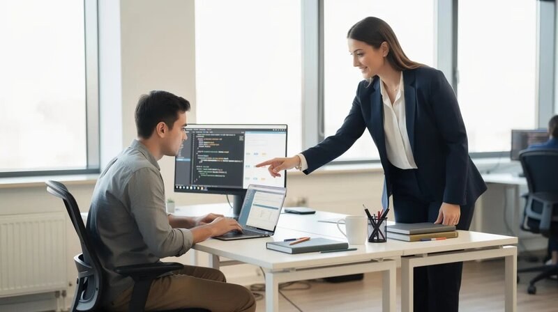 Un informaticien junior est assis à un bureau, concentré sur son travail, tandis que sa manageuse lui donne des conseils sur ses compétences en informatique. Ensemble, ils discutent des projets en cours et des exigences du poste dans le secteur IT.