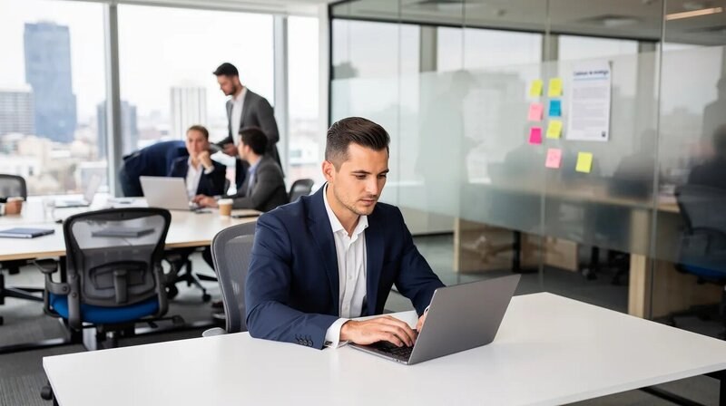 L'image montre un consultant travaillant dans un cabinet de conseil, assis dans un open space moderne, entouré d'écrans d'ordinateur et de documents. Il est concentré sur ses projets, illustrant le dynamisme et la collaboration typiques d'un environnement de stratégie à Paris.