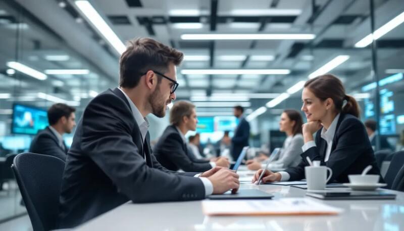 Dans un environnement bancaire moderne, des professionnels, dont des chargés d'affaires et des conseillers, collaborent autour de tables de réunion, échangeant des idées sur la gestion de portefeuille et le service client, tout en mettant à jour leurs compétences et expériences pour répondre aux besoins de la clientèle. L'atmosphère est dynamique, reflétant l'importance du secteur bancaire et du professionnalisme dans leurs interactions.