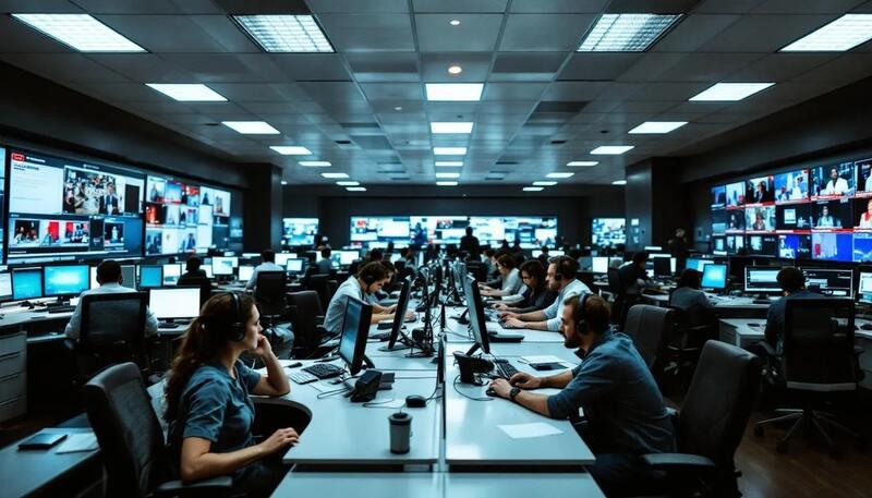 Une salle de rédaction professionnelle est représentée, où des journalistes travaillent à leurs bureaux, entourés de plusieurs écrans et équipements. L'ambiance est dynamique, avec des journalistes sportifs et des rédacteurs en chef collaborant sur des articles d'actualité.