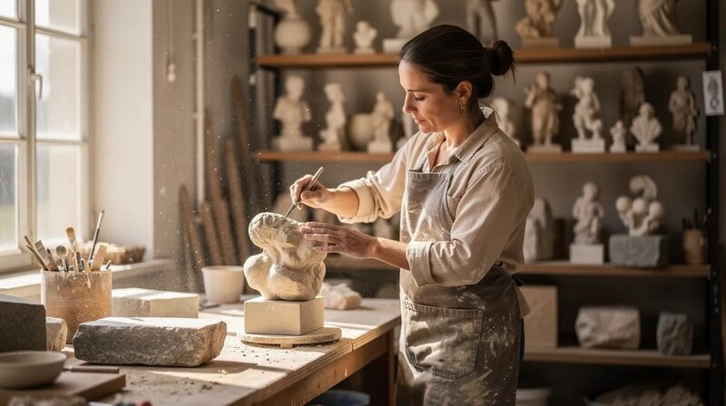 Une artiste est en train de sculpter une œuvre en argile, concentrée sur les détails de sa création. On peut voir des outils de sculpture éparpillés autour d'elle, illustrant son métier et sa passion pour les arts plastiques.