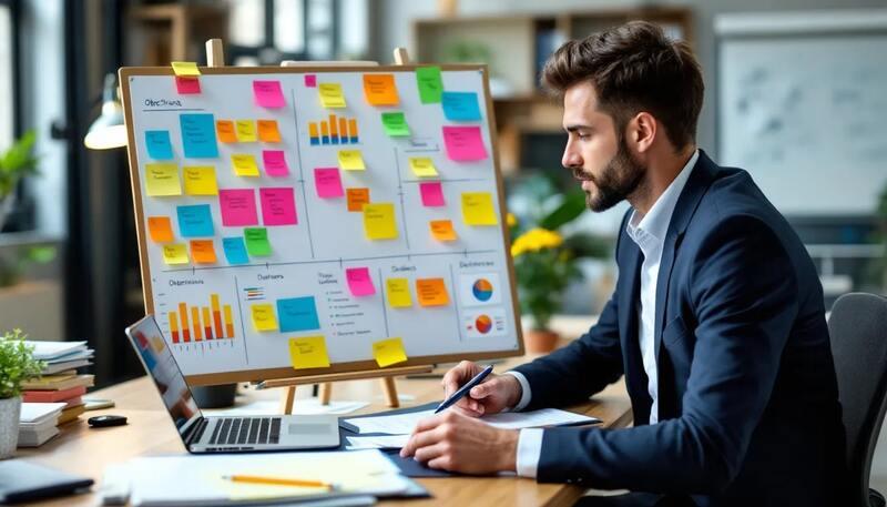 Un consultant professionnel examine un tableau détaillant un plan avec des objectifs à court et à long terme, comprenant des échéances et des étapes pour guider la carrière et les ambitions des employés au sein de l'entreprise. Ce tableau sert de feuille de route pour définir des objectifs professionnels et motiver les équipes vers le succès.