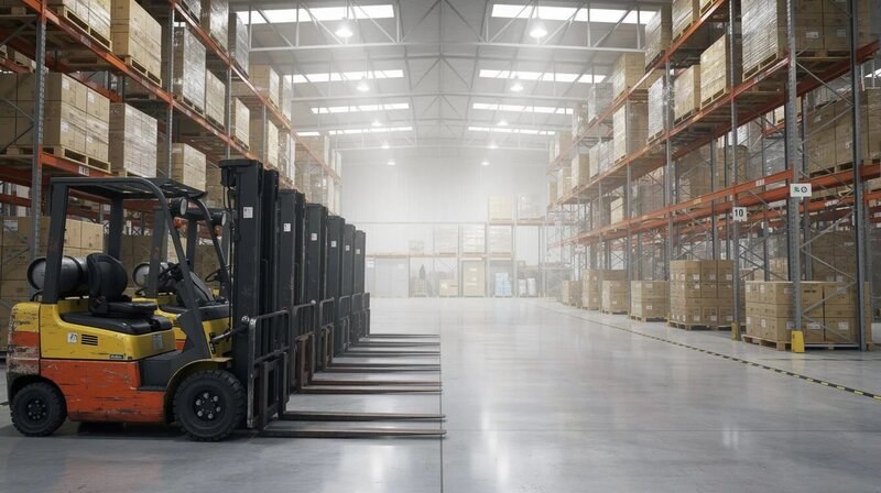 Dans un grand entrepôt industriel, plusieurs chariots élévateurs sont garés près de racks métalliques chargés de palettes de marchandises. Cette scène illustre le métier de cariste et les compétences nécessaires en manutention et gestion de stocks.