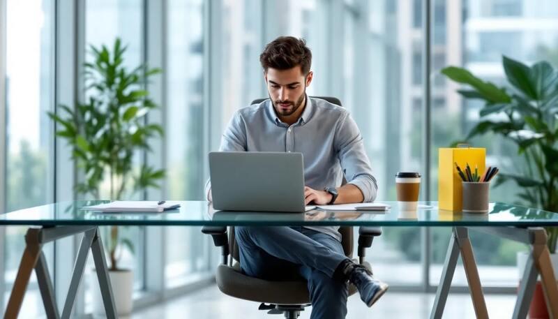 Un jeune professionnel est assis à un bureau moderne, concentré sur la rédaction de son CV pour un premier emploi. Sur la table, des notes et des exemples de CV sont éparpillés, illustrant son engagement à mettre en avant ses compétences et expériences pour séduire les recruteurs.
