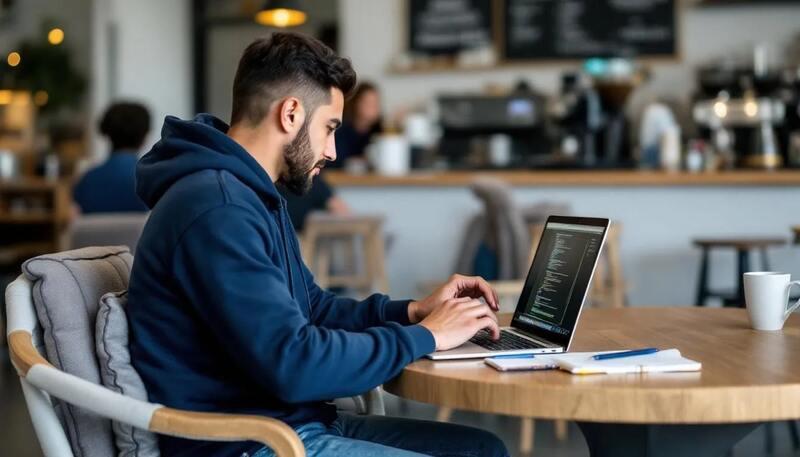 Une personne est assise à une table dans un café, travaillant sur un ordinateur portable tout en consultant son smartphone. Cette scène illustre l'idée de gagner de l'argent en parallèle, un moyen de soutenir ses fins de mois dans un environnement convivial.