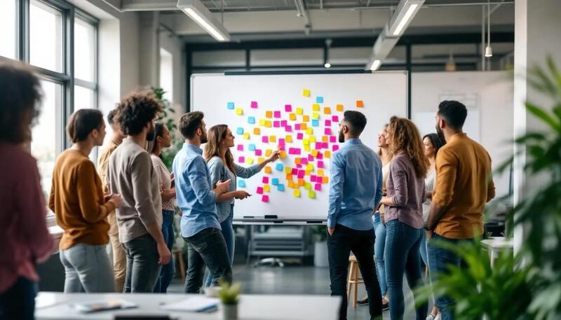 Une équipe diverse est rassemblée autour d'un mur, en train de brainstormer avec des post-it colorés, illustrant la collaboration et la gestion de projet. Cette scène met en avant l'importance des compétences professionnelles et comportementales dans un environnement de travail dynamique.