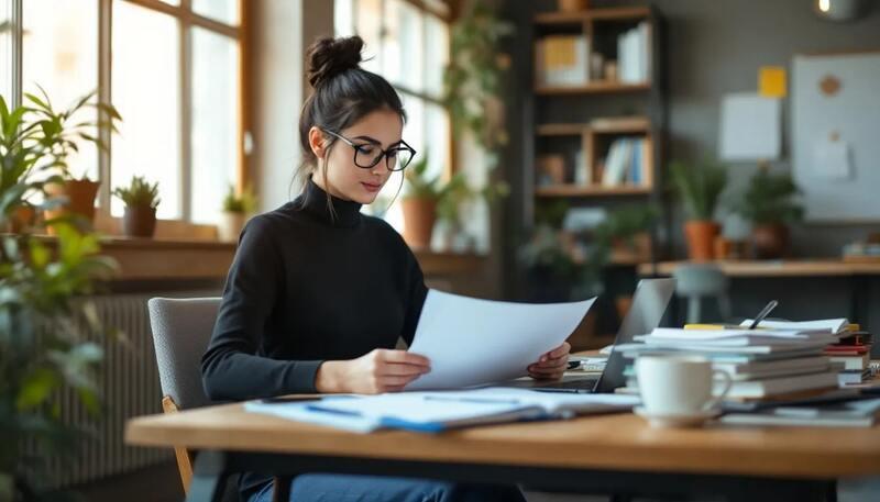 Une personne est assise à une table, étudiant des documents de certification professionnelle liés au secteur bancaire, tandis qu'un ordinateur portable ouvert à côté d'elle affiche un modèle de CV. Elle semble concentrée sur la mise à jour de ses compétences et expériences pour améliorer sa candidature auprès des recruteurs.