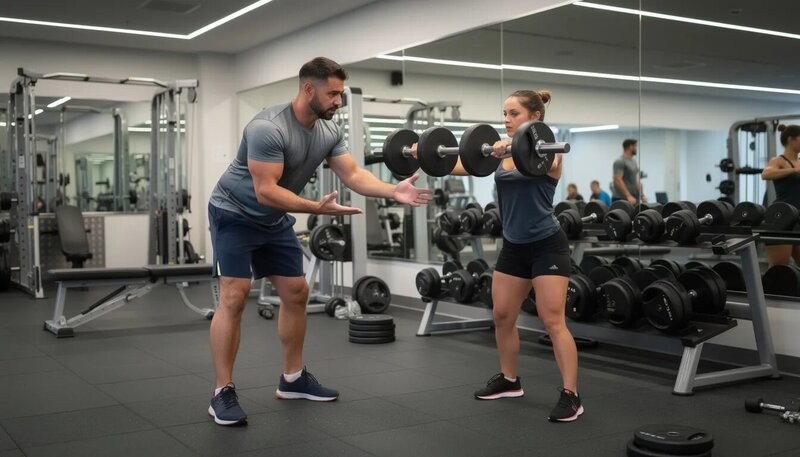 Un coach sportif accompagne un client lors d'une séance de musculation en salle, lui montrant les bonnes techniques pour optimiser son entraînement. Cette interaction met en avant l'importance du coaching personnalisé pour atteindre des objectifs de développement personnel et de fitness.