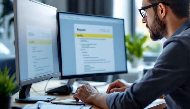 Dans l'image, une personne examine un CV sur un écran d'ordinateur, mettant en avant la section des compétences. Ce moment illustre l'importance des compétences informatiques et des expériences dans le processus de candidature pour les emplois.