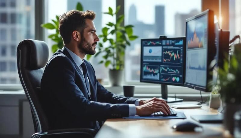 Un professionnel en costume se penche sur plusieurs écrans d'ordinateur, analysant des données financières complexes. Cette scène illustre l'utilisation de logiciels avancés pour optimiser la gestion des candidatures et le suivi des performances dans le marché du travail.
