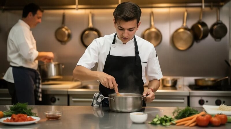 L'image montre un apprenti cuisinier en pleine préparation dans une cuisine professionnelle, entouré d'ingrédients frais et d'ustensiles de cuisine. Il semble concentré sur ses tâches, illustrant sa passion pour la cuisine et son engagement dans la formation pour devenir un chef cuisinier compétent.