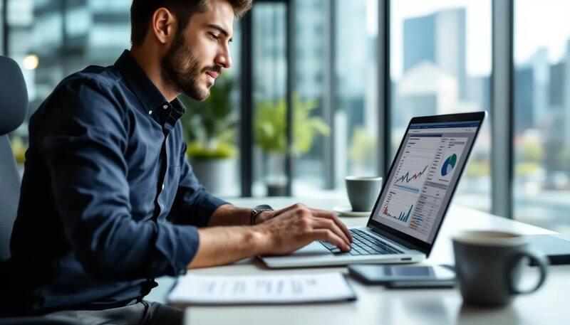 Un analyste financier est concentré sur son ordinateur, examinant des données et des graphiques pour réaliser une analyse financière approfondie. Il utilise ses compétences techniques pour prendre des décisions éclairées dans le secteur de la finance.