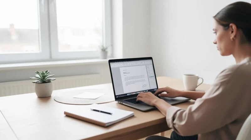 Une personne est assise à un bureau lumineux, concentrée sur son ordinateur portable, en train de rédiger une lettre de motivation pour un emploi. L'ambiance de l'espace de travail est agréable et propice à la rédaction, mettant en avant l'importance de bien structurer une candidature.