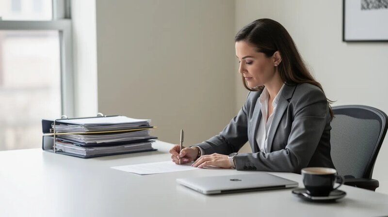 Une psychologue clinicienne est assise à son bureau, rédigeant un document dans un environnement calme et organisé, propice à la réflexion et à la mise à jour de son CV. La scène reflète un cadre professionnel où la santé mentale et le bien-être des patients sont au cœur de ses préoccupations.