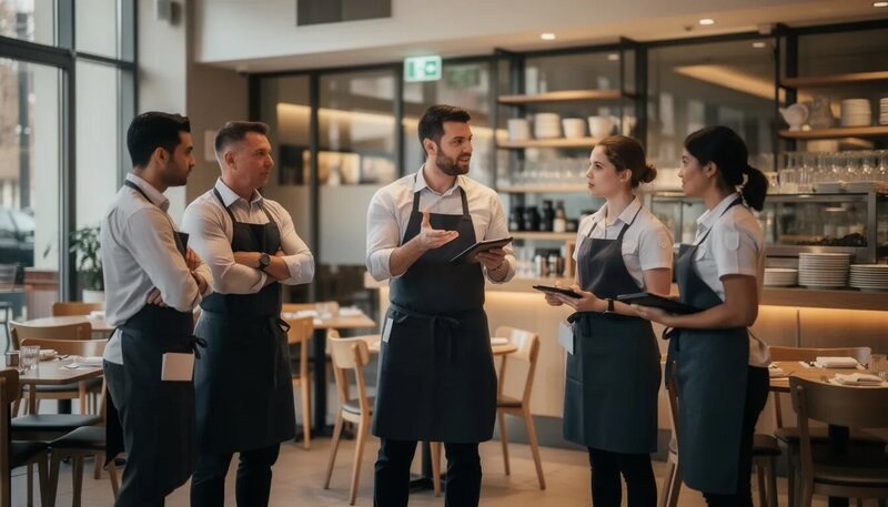 Un manager de restaurant discute avec ses employés, illustrant son rôle de chef d'équipe et de leader dans la gestion quotidienne des opérations. L'image met en évidence l'importance de la communication et du service client au sein de l'équipe.
