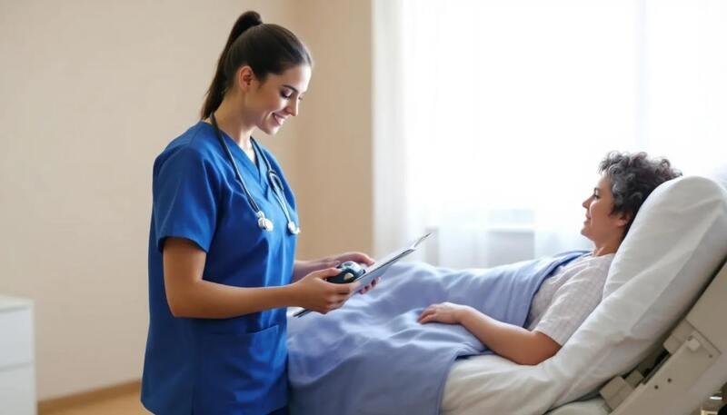 Une infirmière prend en charge un patient à son domicile, lui administrant des soins généraux pour assurer son bien-être. L'image illustre l'importance du métier d'infirmier dans le secteur de la santé publique, mettant en avant la qualité des soins prodigués à domicile.