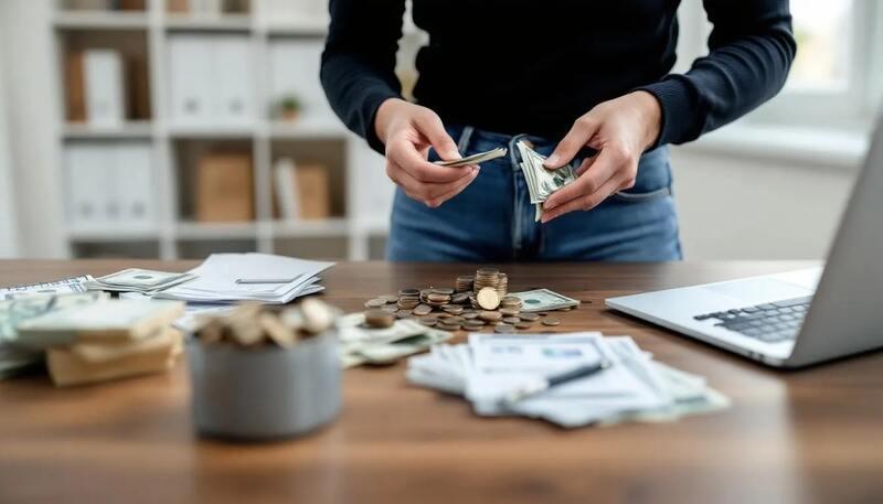 Une personne est assise à une table, comptant des billets et des pièces tout en utilisant un ordinateur portable. Cette scène évoque la gestion du budget et les moyens d'arrondir ses fins de mois, avec des préoccupations liées au coût de la vie et aux revenus.