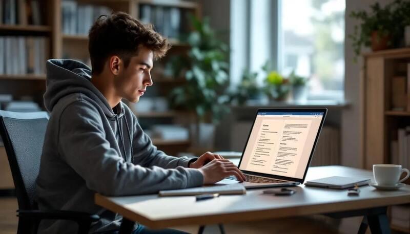 Un étudiant est assis devant un ordinateur portable, concentré sur la mise à jour de son CV pour une demande de stage. Il consulte des exemples et des conseils pour mettre en valeur ses compétences et ses expériences professionnelles.