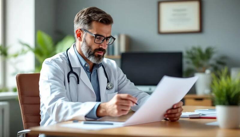 Dans l'image, un médecin généraliste est assis à son bureau dans son cabinet, consultant un dossier médical. Il est entouré d'éléments liés à la santé, illustrant son expertise et son engagement envers la prise en charge des patients.