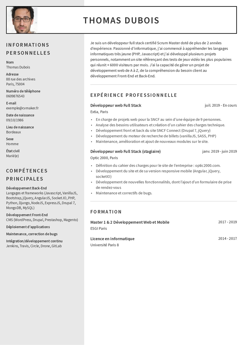 CV exemple développeur web