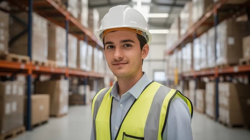 Un jeune professionnel, vêtu d'un gilet de sécurité et d'un casque, se tient dans un entrepôt logistique moderne, entouré de chariots élévateurs et de marchandises. Il représente le métier de cariste, essentiel pour la gestion de stocks et la manutention dans le secteur de la logistique.