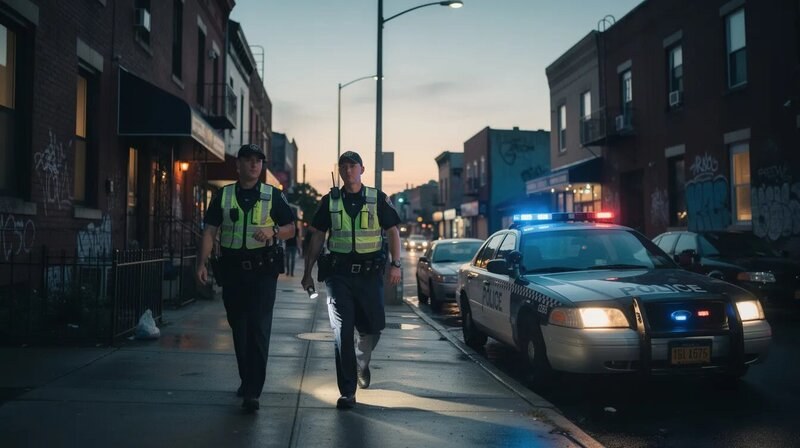 Des agents de la police nationale patrouillent dans un quartier urbain au crépuscule, veillant à la sécurité publique et au maintien de l'ordre. Leur présence rassurante contribue à la protection des citoyens et à la tranquillité de l'environnement.