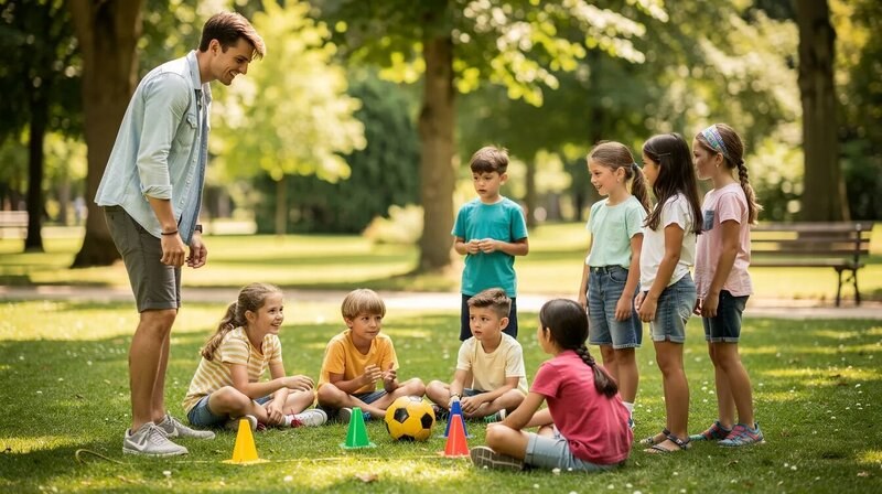 Un jeune animateur socioculturel guide un groupe d'enfants lors d'une activité en plein air dans un parc verdoyant, favorisant l'apprentissage et la créativité. L'animateur utilise ses compétences pour organiser des jeux et des activités ludiques, créant ainsi un environnement agréable pour les enfants.