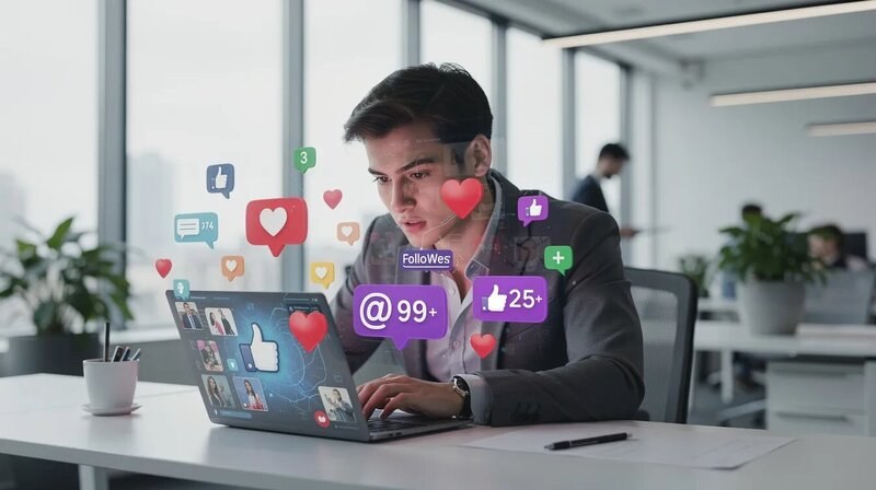 Une personne travaille sur un ordinateur portable dans un bureau moderne, entourée d'icônes colorées des réseaux sociaux et de notifications flottantes. Cette scène illustre le métier de community manager, mettant en avant la gestion des réseaux sociaux et la communication en ligne.