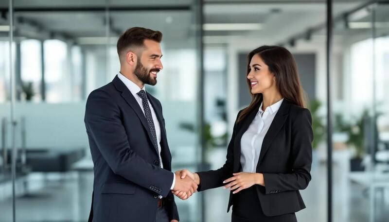 Dans une ambiance de bureau moderne, deux professionnels échangent une poignée de main, symbolisant une communication efficace et des relations professionnelles. Ce geste illustre l'importance des compétences en communication et du savoir-être dans le milieu professionnel.