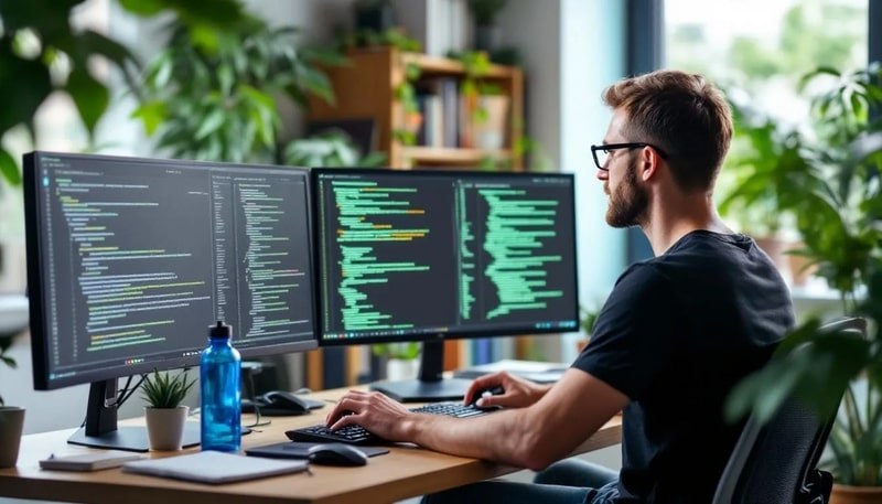 Dans l'image, un développeur est assis devant un ordinateur, concentré sur plusieurs fenêtres de code ouvertes à l'écran, illustrant ses compétences en programmation et en développement web. Cette scène met en avant l'utilisation de logiciels variés et souligne l'importance des compétences informatiques dans le monde du travail.