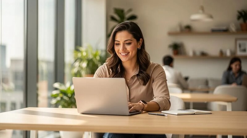 Un jeune professionnel souriant travaille sur un ordinateur portable dans un espace de coworking moderne et lumineux. L'environnement reflète une atmosphère dynamique, idéale pour la rédaction de son cv en allemand ou la préparation d'une lettre de motivation.