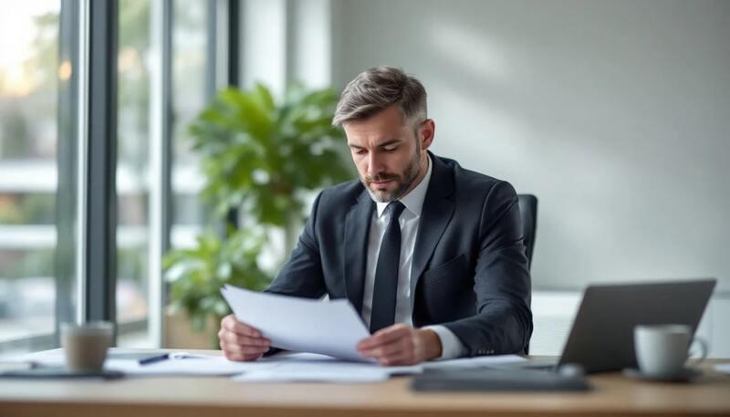 Dans cette image, un professionnel est assis à un bureau moderne, entouré de documents et utilisant un ordinateur portable pour planifier sa carrière. Il semble concentré sur la définition de ses objectifs professionnels, avec des feuilles de route et des exemples d'objectifs à court et long terme étalés devant lui.