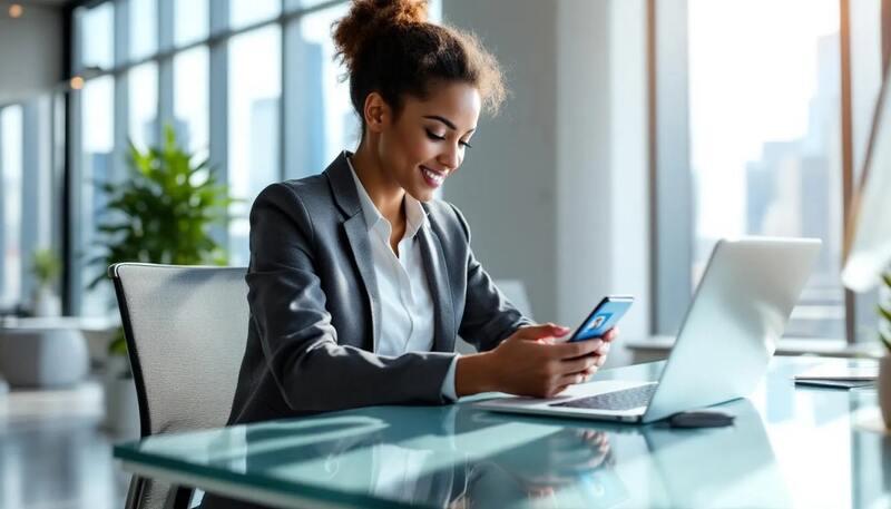 Un professionnel utilise LinkedIn sur son smartphone dans un bureau moderne, cherchant des offres d'emploi et des informations sur les métiers disponibles en France. L'environnement est contemporain, avec des éléments de design épurés et une ambiance propice à la recherche de nouvelles opportunités de carrière.