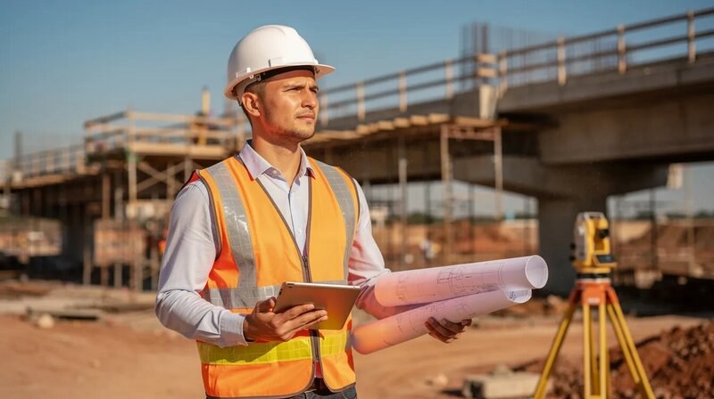 L'image montre un ingénieur en génie civil, vêtu d'un casque de sécurité et d'une veste réfléchissante, examinant des plans de construction sur un chantier. En arrière-plan, on peut voir des structures en béton armé et des équipements de construction, illustrant son rôle dans la gestion de projet et la conception d'infrastructures.