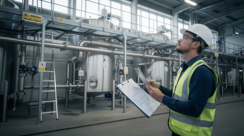Un ingénieur inspecte attentivement une installation industrielle, portant un casque de sécurité et un gilet réfléchissant, symbolisant l'importance des métiers techniques dans le secteur privé. Cette scène illustre les compétences requises pour assurer la sécurité et le bon fonctionnement des entreprises, souvent parmi les professions les mieux payées en France.