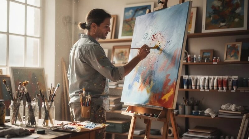 Un artiste est en train de peindre une toile, concentré sur son œuvre, entouré de pinceaux et de pots de peinture. Cette scène évoque la passion et la créativité, caractéristiques des illustrateurs et des artistes en arts plastiques.