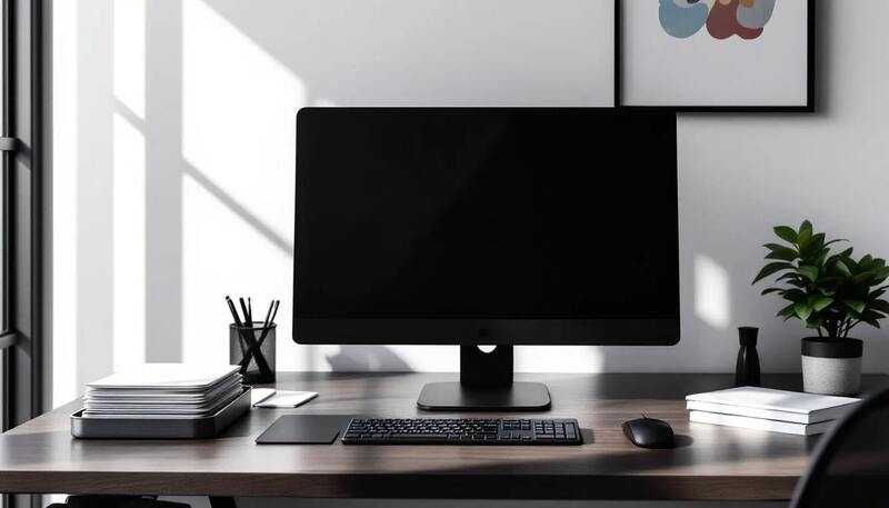 L'image montre un bureau moderne et bien organisé, avec un ordinateur portable ouvert sur un document de mise à jour, des CV pour un stage soigneusement rangés à côté, et des notes sur les compétences et expériences des candidats. L'environnement est propice à la recherche d'emploi et à la préparation de candidatures.